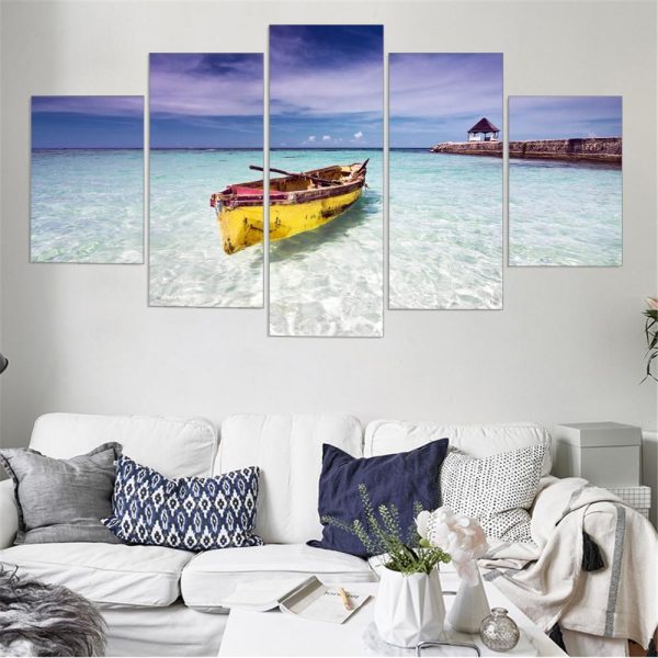 Yellow Boat And Beautiful Sky - Space 5 Panel Canvas Art Wall Decor