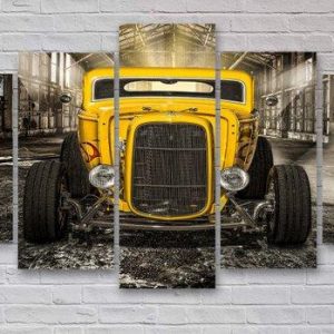 Yellow Hotrod Classic Car 01 - Automative 5 Panel Canvas Art Wall Decor