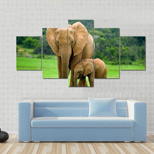 Young With Adult Elephant - Animal 5 Panel Canvas Art Wall Decor