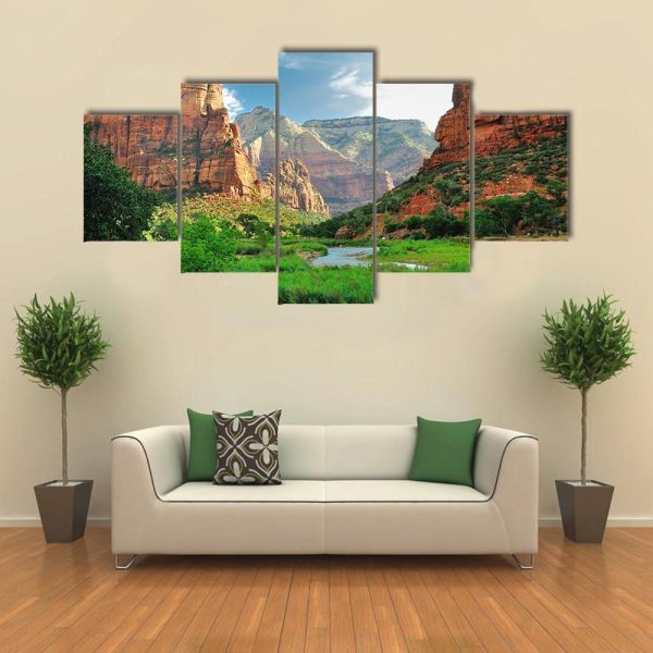 Zion Canyon With The Virgin River - Nature 5 Panel Canvas Art Wall Decor