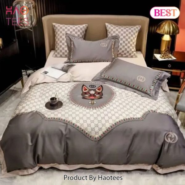 Gucci Cat Grey Luxury Brand Bedding Set Bedspread Duvet Cover Set Home Decor