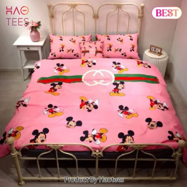 Gucci Micky Mouse Pink Luxury Brand Bedding Set Bedspread Duvet Cover Set Home Decor