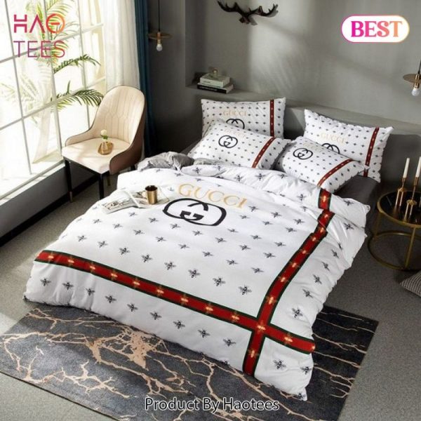 Gucci White Bees Fashion Luxury Brand Bedding Set Home Decor