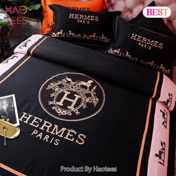 Hermes Black Premium Logo Luxury Brand Bedding Set Home Decor