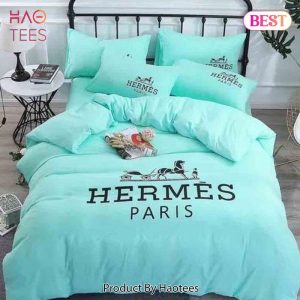 Hermes Light Blue Premium Logo Luxury Brand Bedding Set Home Decor