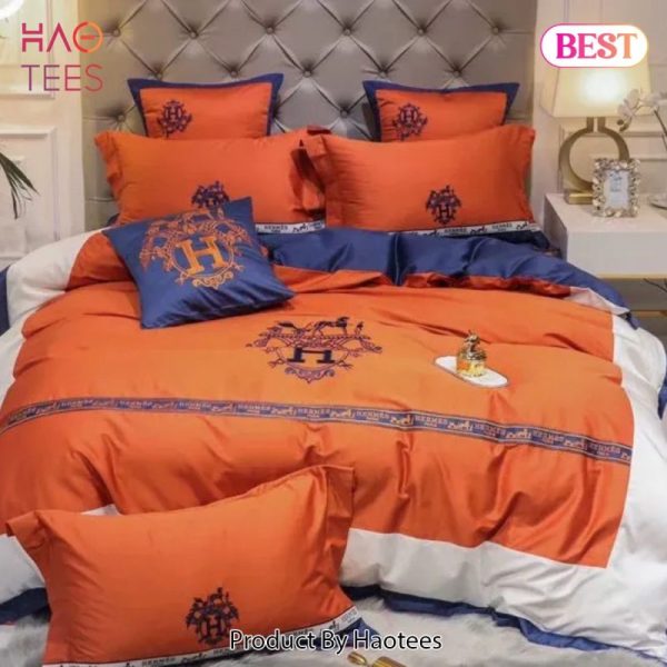 Hermes Orange Logo Luxury Brand Bedding Set Duvet Cover Home Decor