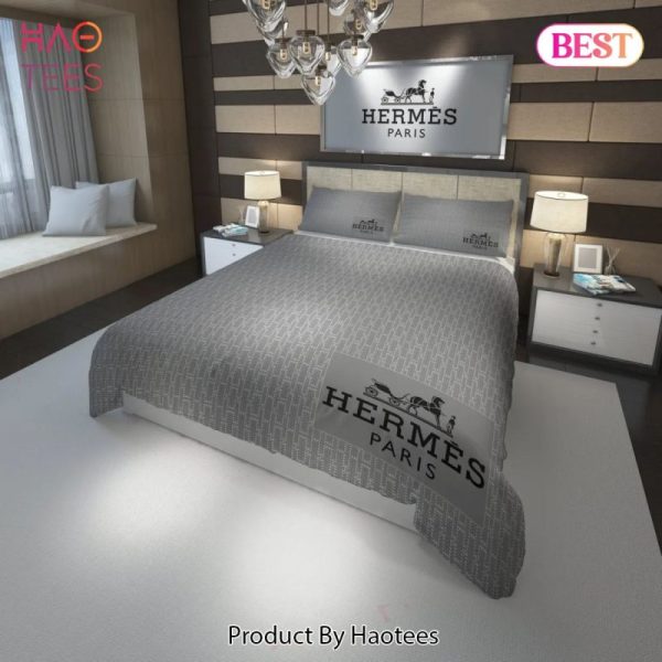 Hermes Paris Grey Fashion Luxury Brand Premium Bedding Set Home Decor