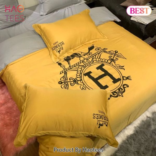 Hermes Paris Yellow Luxury Brand Premium Bedding Set Bedspread Duvet Cover Set Home Decor