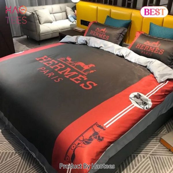 Hermes Red Black Premium Logo Luxury Brand Bedding Set Home Decor