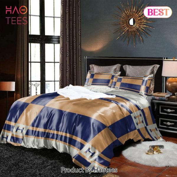 Hermes Yellow Navy Premium Luxury Brand Bedding Set Duvet Cover Home Decor Special Gift