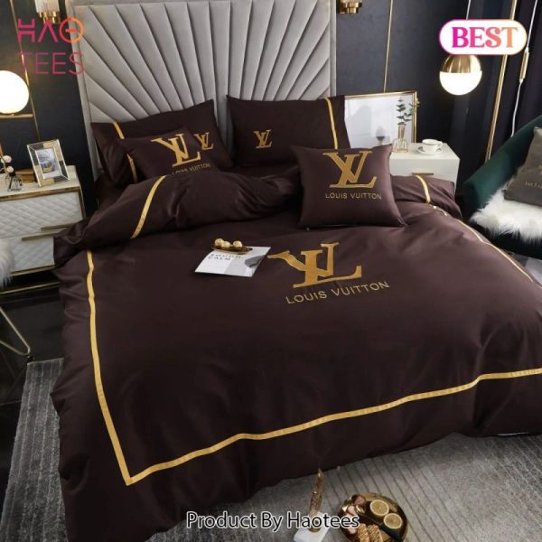 Louis Vuitton Brown And Golden Logo Brand Bedding Set Bedspread Duvet Cover Set Home Decor