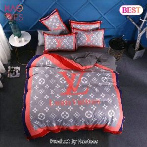 Louis Vuitton Red Logo Grey Luxury Brand Premium Bedding Set Duvet Cover Home Decor