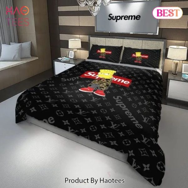 Louis Vuitton Supreme Bart Simpson Black Luxury Brand Bedding Set Duvet Cover Home Decor Special Gift