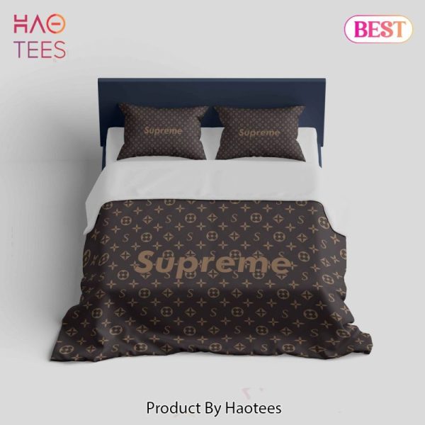 Louis Vuitton Supreme Brown Logo Fashion Luxury Brand Premium Bedding Set Home Decor