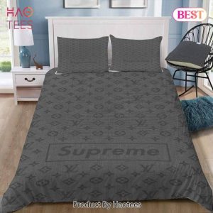 Louis Vuitton Supreme Grey Luxury Brand Logo Premium Bedding Set Home Decor