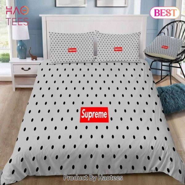 Louis Vuitton Supreme Light Grey Luxury Brand Logo Premium Bedding Set Home Decor