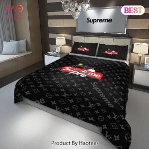 Louis Vuitton Supreme Snoopy Skateboard Black Luxury Brand Bedding Set Duvet Cover Home Decor Special Gift