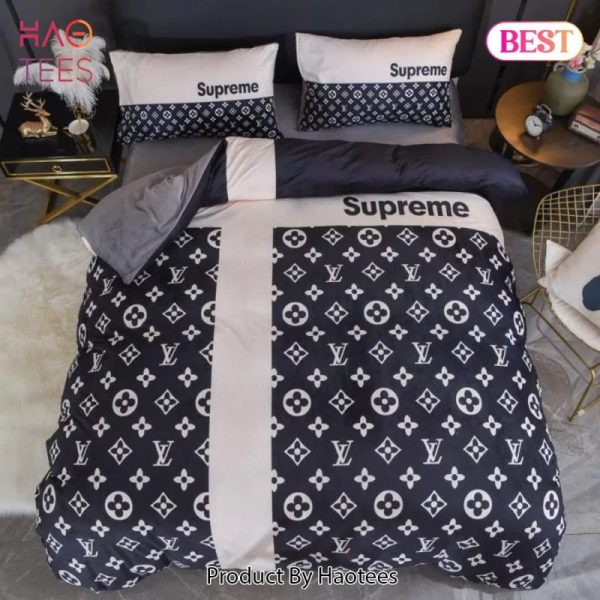 Louis Vuitton Supreme White Logo Black Luxury Brand Premium Bedding Set Duvet Cover Home Decor