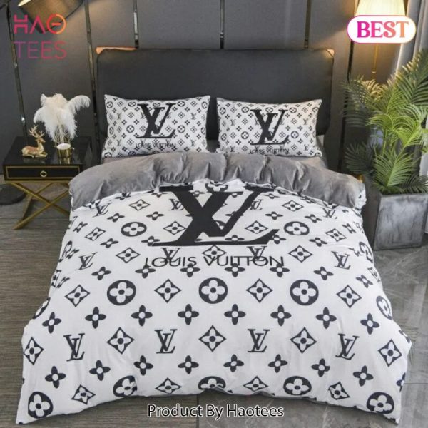 Louis Vuitton White Black Logo Brand Bedding Set Bedspread Duvet Cover Set Home Decor