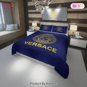 Versace Blue Golden Fashion Luxury Brand Premium Bedding Set Home Decor