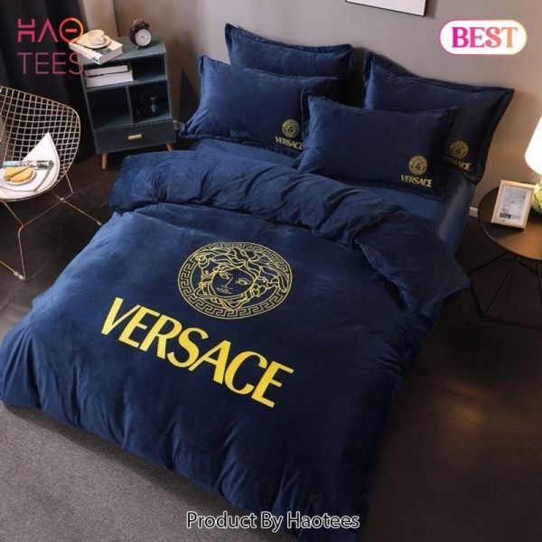 Versace Deep Blue Fashion Logo Luxury Brand Bedding Set Home Decor