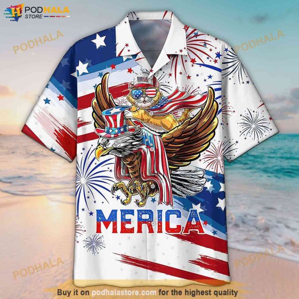 3D America Eagle & Cats Merica 4th Of July Hawaiian Shirt