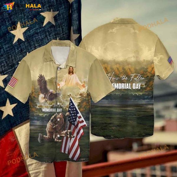 4th Of July Memorial Day Eagle And Jesus Honor The Fallen 3D Funny Hawaiian Shirt