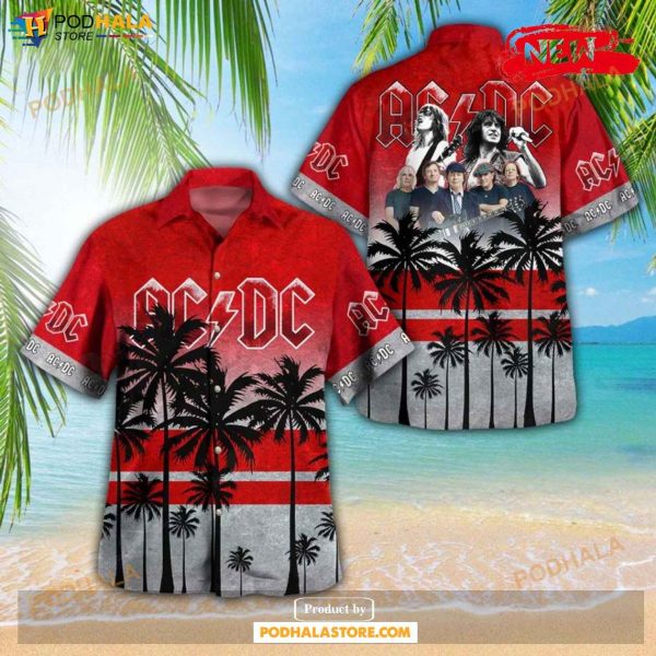 Ac Dc Rock Band Tropical Coconut Tree Hot Summer Red Hawaiian Shirt