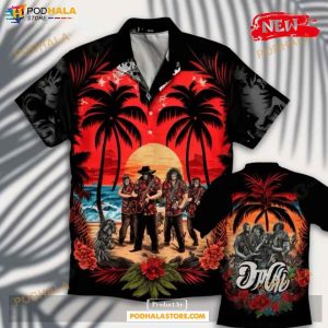 Acdc Rock Band Coconut Tree Sunset Button Hawaiian Shirt