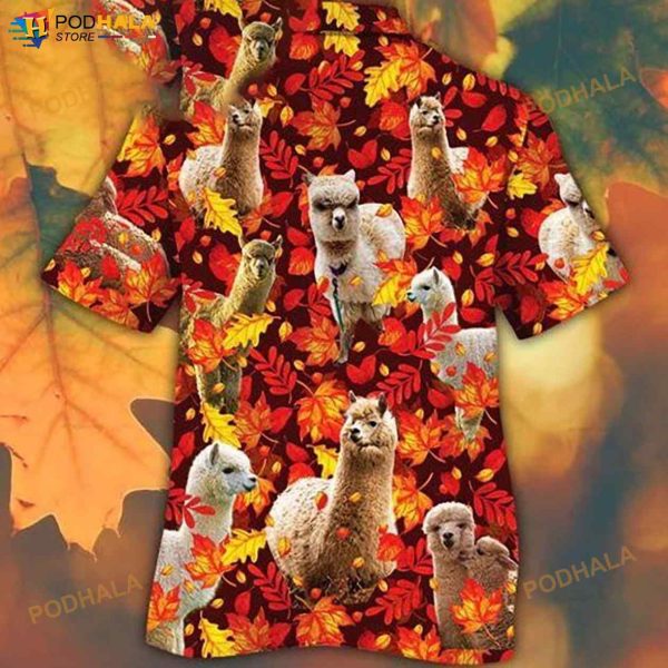 Alpaca Horse Lovers Autumn Red Leaves 3D Funny Hawaiian Shirt