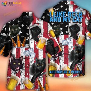 Beer And Black Cat American Flag Vintage 3D Funny Hawaiian Shirt