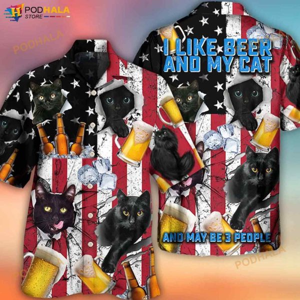 Beer And Black Cat American Flag Vintage 3D Funny Hawaiian Shirt