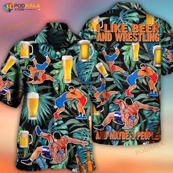 Beer And Wrestling Tropical Pattern 3D Funny Hawaiian Shirt