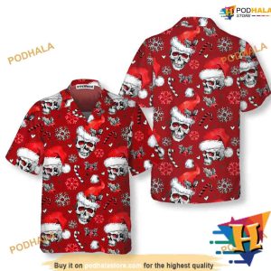 Candy Cane Skulls Red Aloha Shirt Xmas