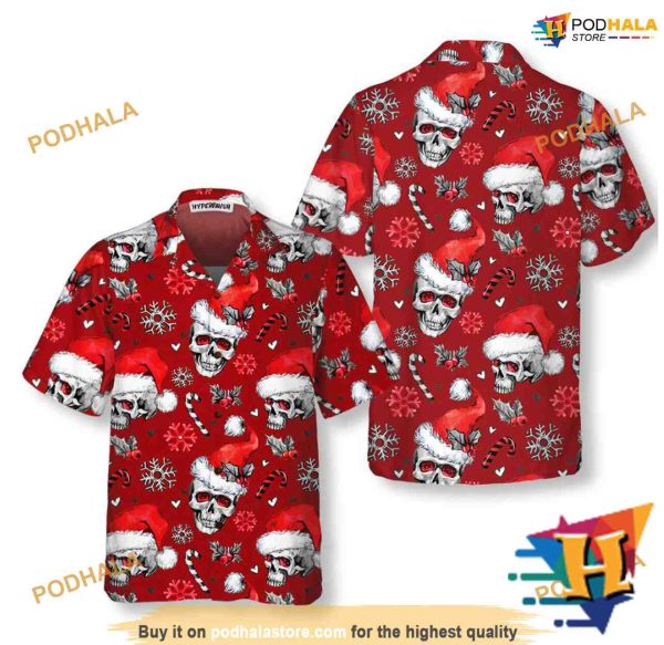 Candy Cane Skulls Red Aloha Shirt Xmas