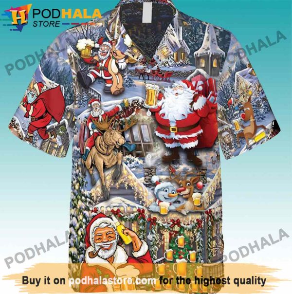 Christmas Santa Claus Reindeer And Beer Santa Hawaiian Shirt