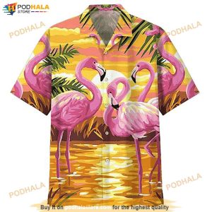 Flamingo In Sunset Print Funny Hawaiian Shirt