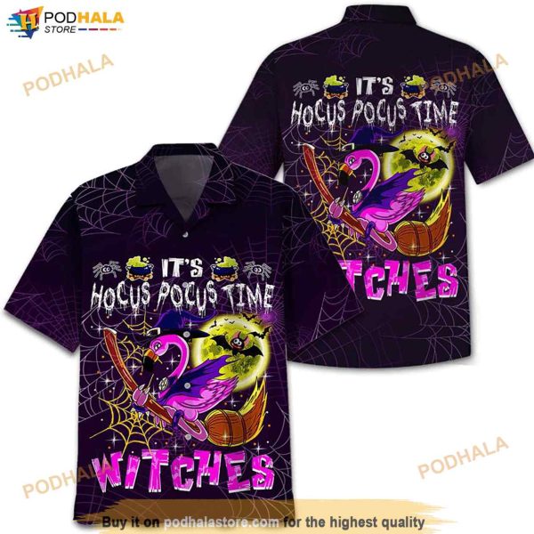 Flamingo Witch It’s Hocus Pocus Time Witches Print Funny Hawaiian Shirt