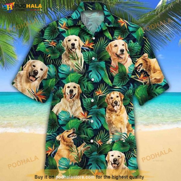 Golden Retriever Dog Lovers Tropical Leaves Funny Hawaiian Shirt