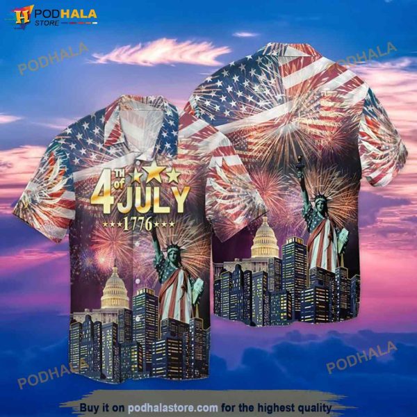 Happy 4th Of July Independence Day American Flag Statue Of Liberty Funny Hawaiian Shirt