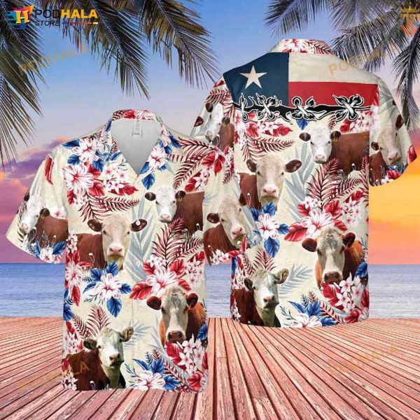 Hereford Cattle Texas Flag 3D Funny Hawaiian Shirt