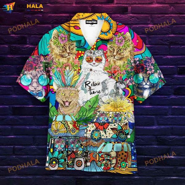 Hippie Cats Peace Life Color Aloha 3D Funny Hawaiian Shirt