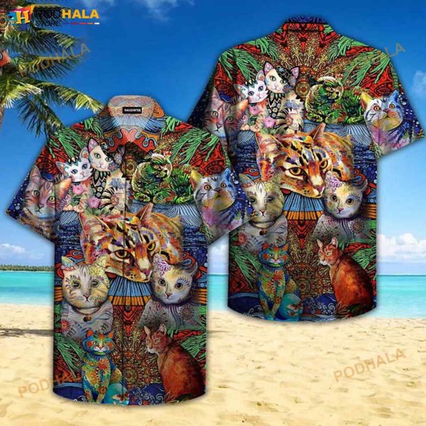 Hippie Cats Peace Life Colorful 3D Funny Hawaiian Shirt