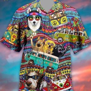 Hippie Husky Dog Colorful Aloha 3D Funny Hawaiian Shirt