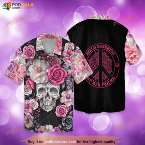 Hippie Skull Flowers Hello Darkness My Old Friend Love Peace Funny Hawaiian Shirt