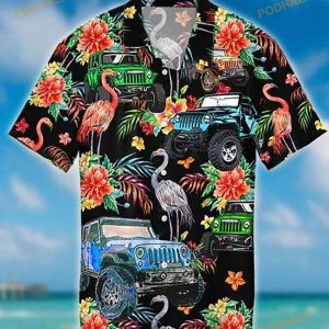 Jeep And Flamingo Print Funny Hawaiian Shirt