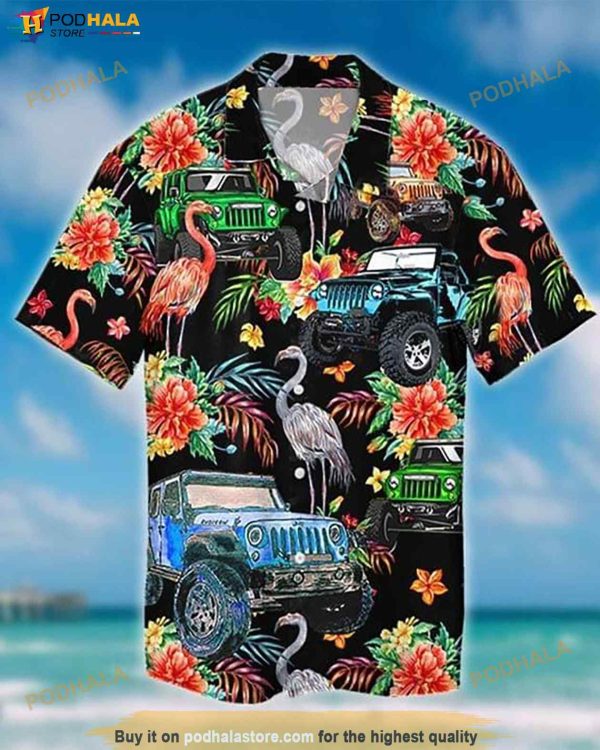 Jeep And Flamingo Print Funny Hawaiian Shirt