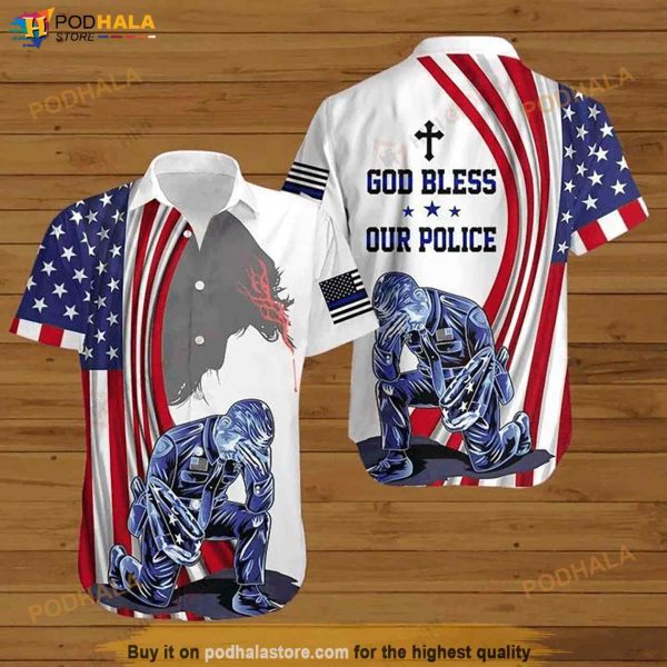 Jesus Bible American Flag 4th Of July Independence Day God Bless Our Police Funny Hawaiian Shirt