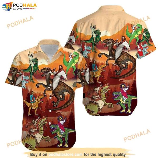 Jesus Rides A Dinosaur Funny Hawaiian Shirt