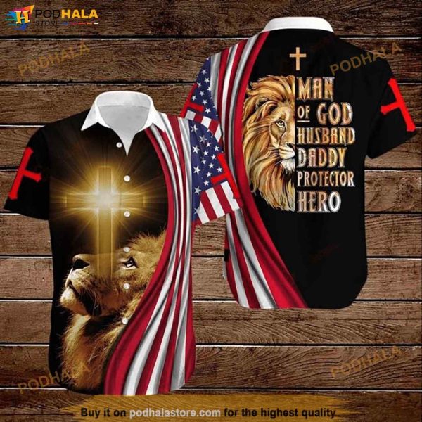 Lion Cross American Flag 4th Of July Independence Day Man Of God Husband Daddy Protector Hero Funny Hawaiian Shirt